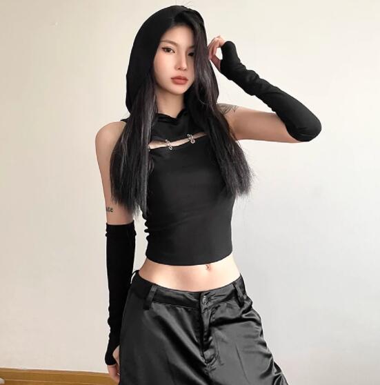 ダンス衣装 ロック系レディースフード付きベスト腕カバーセット