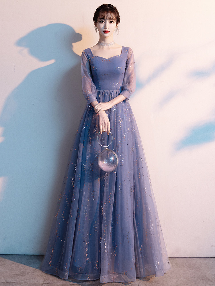 ダンス衣装 星空輝くシアー袖付きロング丈社交ダンスドレス