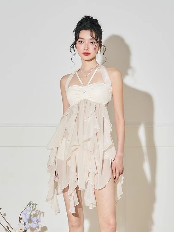 ダンス衣装 多層フリル華やかホルターネック舞踏服