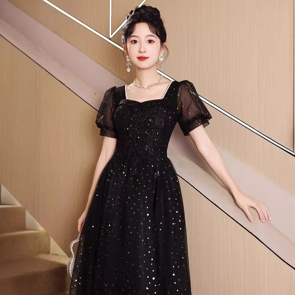 ダンス衣装 星空きらめくパフスリーブロングドレス