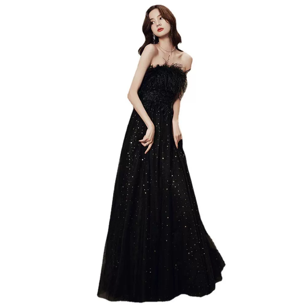 ダンス衣装 羽根飾りベアトップ煌めきチュール舞踏会衣装