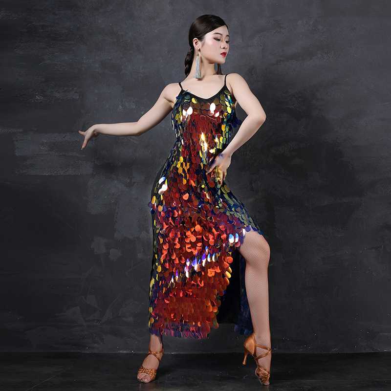 ダンス ドレス 煌めきスパンコール サイドスリット ドレス