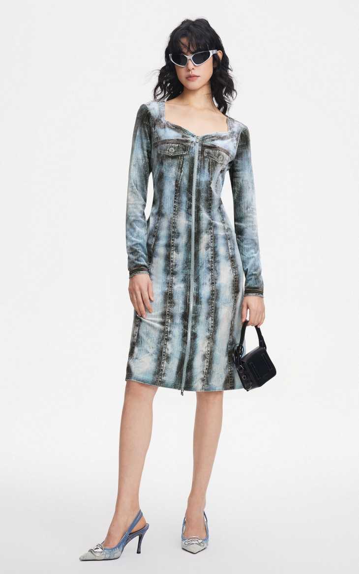 社交ダンス ドレス ジャズ うねるデニム風 スクエアネック ワンピース