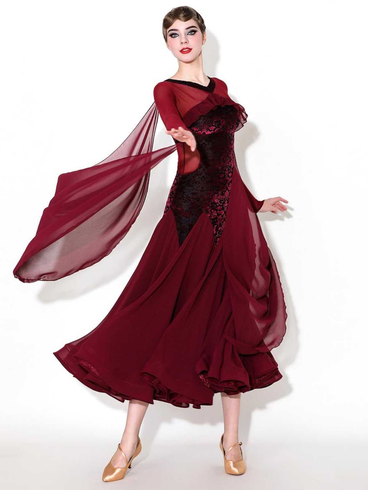 社交 ダンス ドレス 優雅なシースルー袖フレアドレス