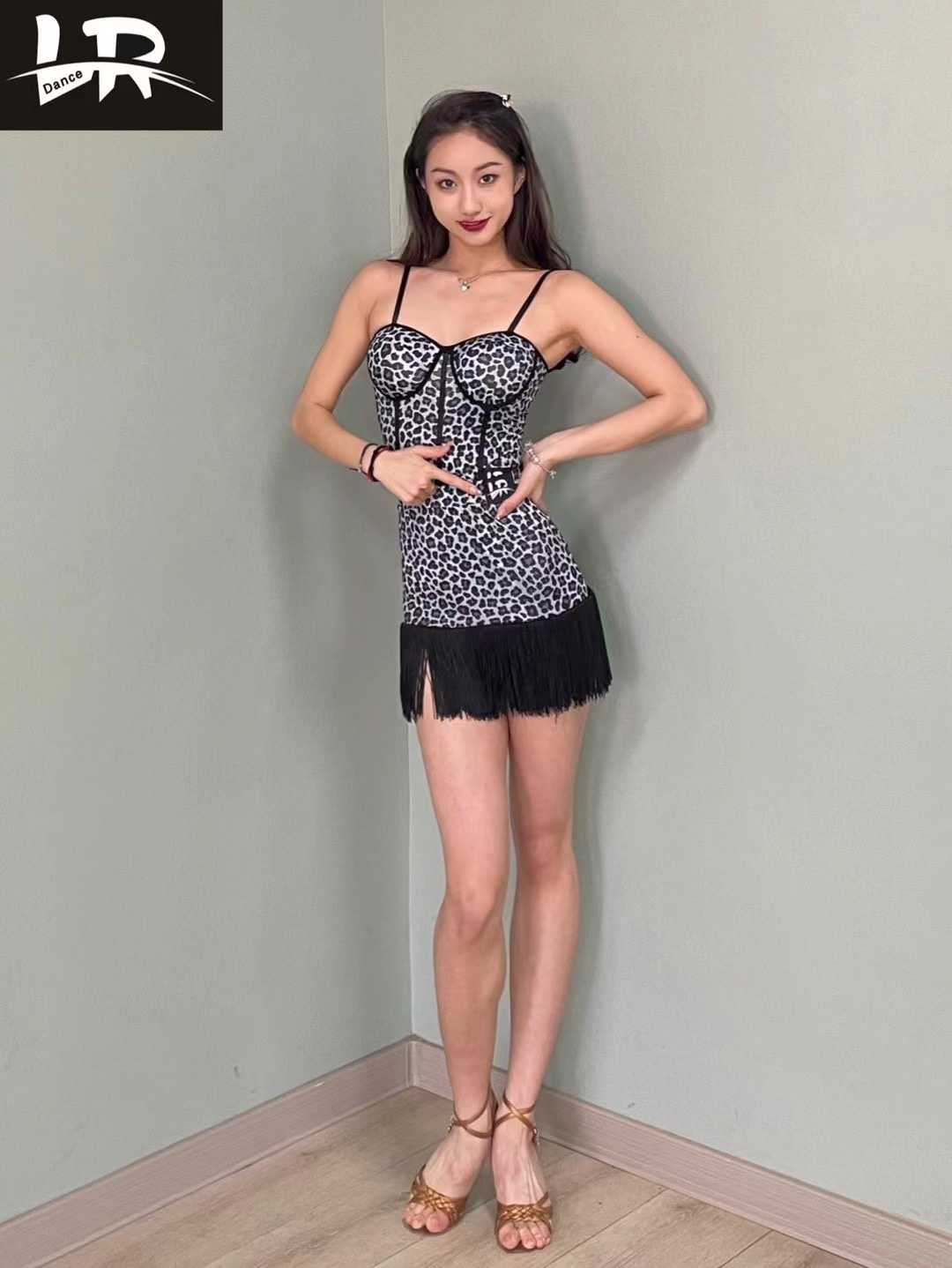 社交 ダンス ドレス フリンジ付き豹柄キャミワンピース