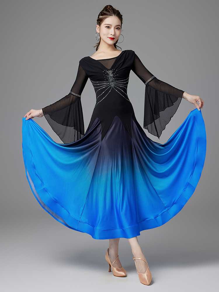 社交 ダンス ドレス グラデーション華麗袖フレアラテンドレス