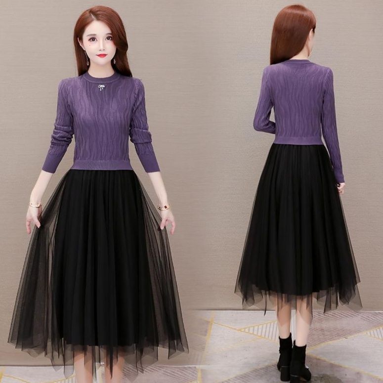 社交ダンス エレガント縄編みニット×チュール重ねドレス