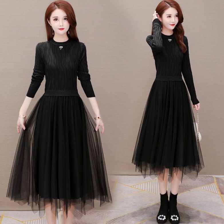 社交ダンス エレガント縄編みニット×チュール重ねドレス