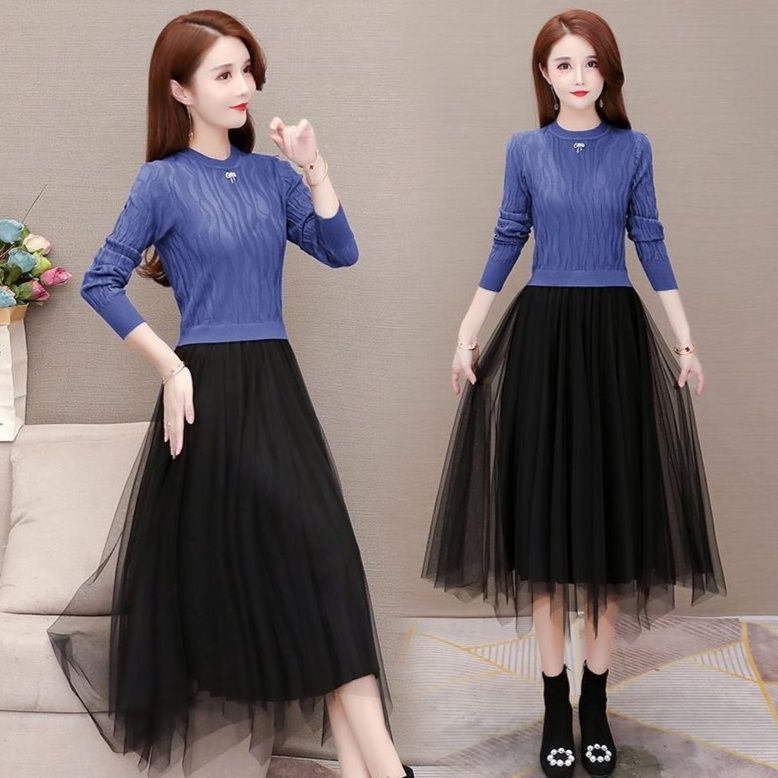 社交ダンス エレガント縄編みニット×チュール重ねドレス