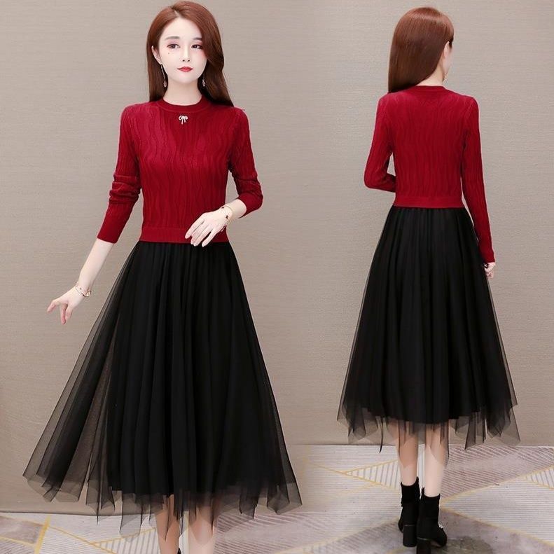 社交ダンス エレガント縄編みニット×チュール重ねドレス