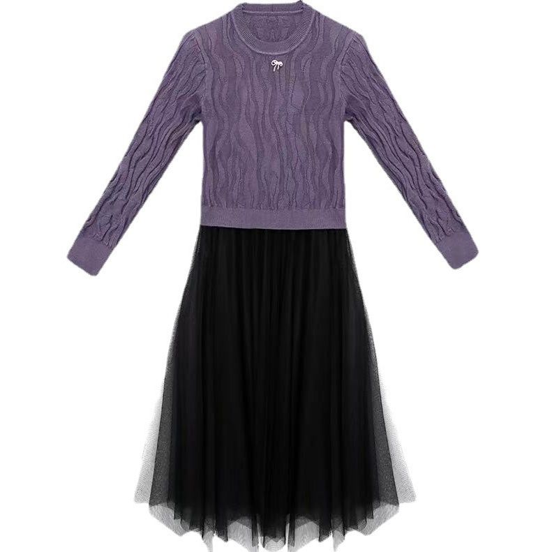 社交ダンス エレガント縄編みニット×チュール重ねドレス