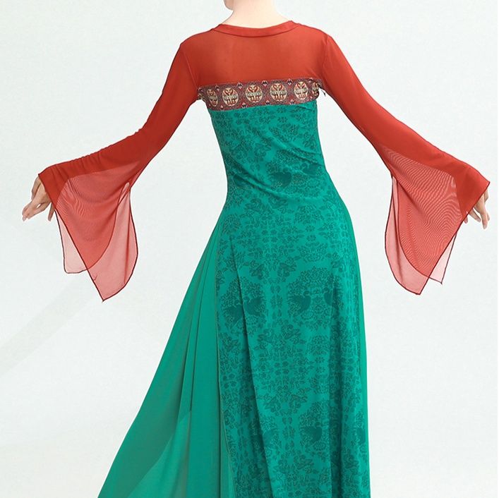 社交ダンス  優雅な袖付き社交ダンス用ロングドレス