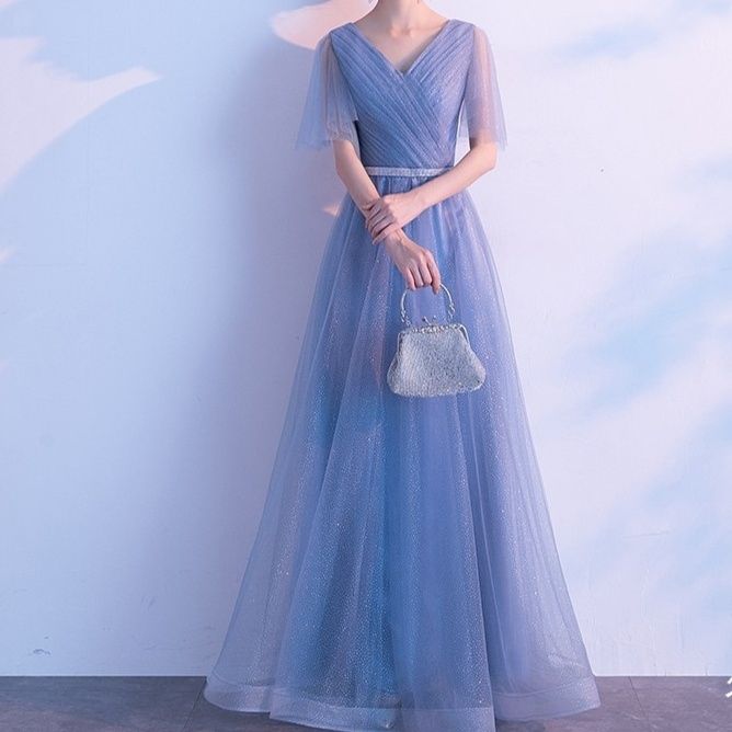 社交ダンス 星空刺繍チュール五分袖ロングドレス