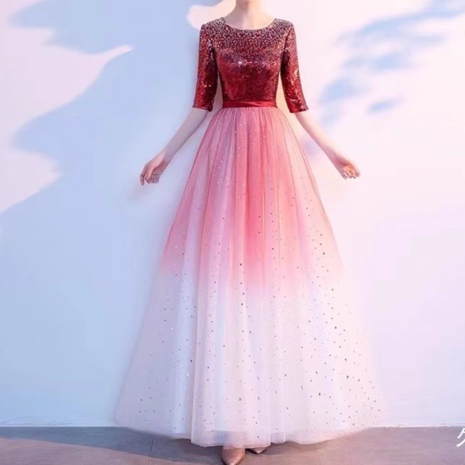 社交ダンス 星空刺繍チュール五分袖ロングドレス