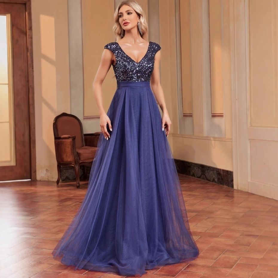 社交ダンス 煌めくスパンコール装飾Vネックロングドレス