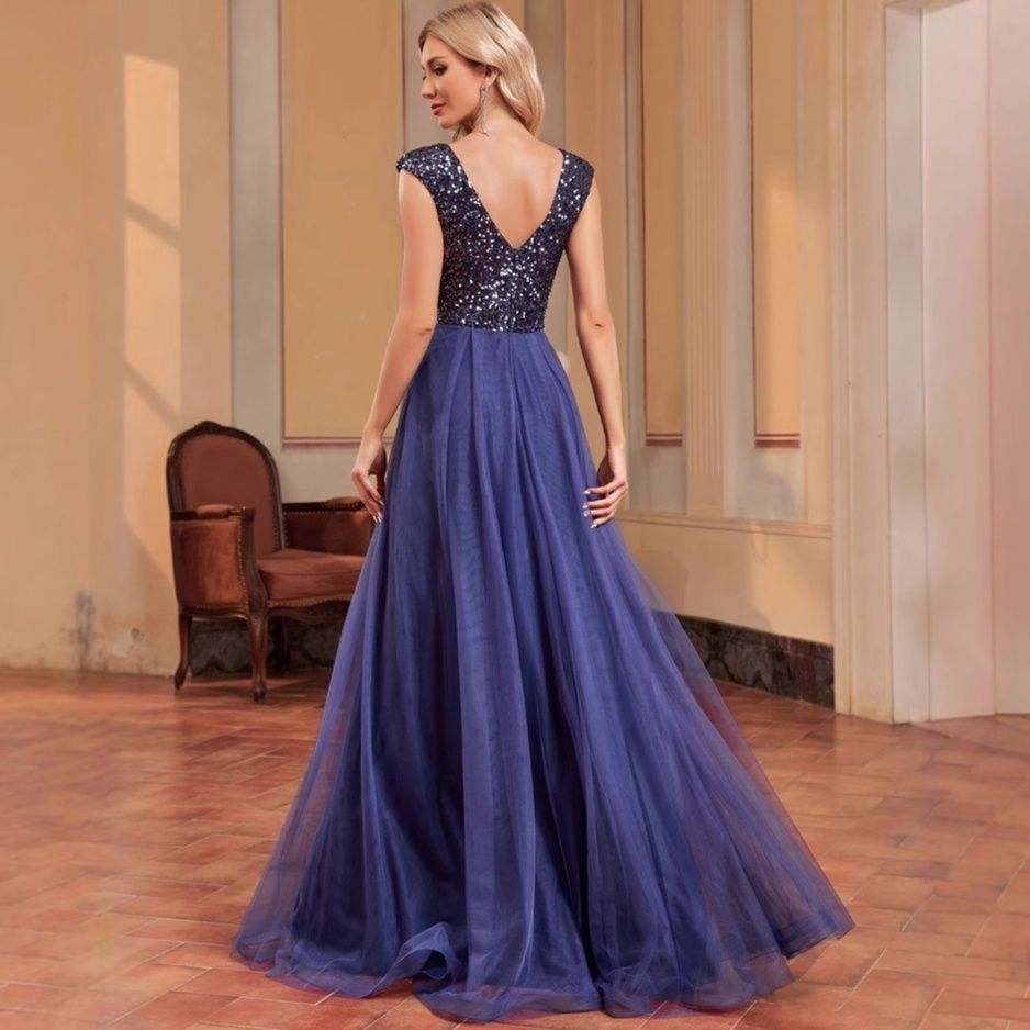 社交ダンス 煌めくスパンコール装飾Vネックロングドレス