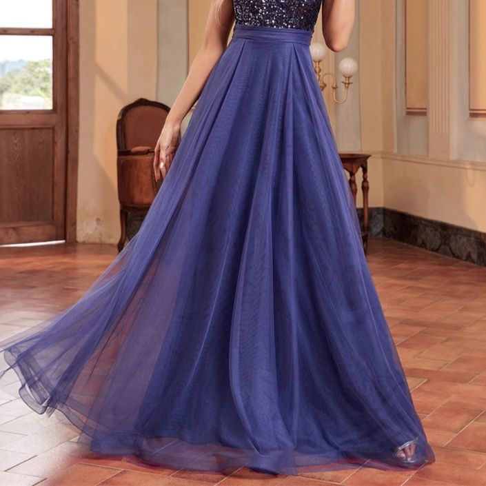 社交ダンス 煌めくスパンコール装飾Vネックロングドレス