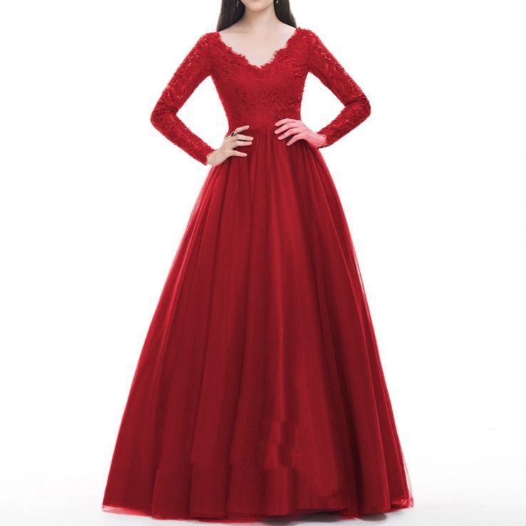 社交ダンス 優雅な花柄刺繍長袖社交ダンスドレス