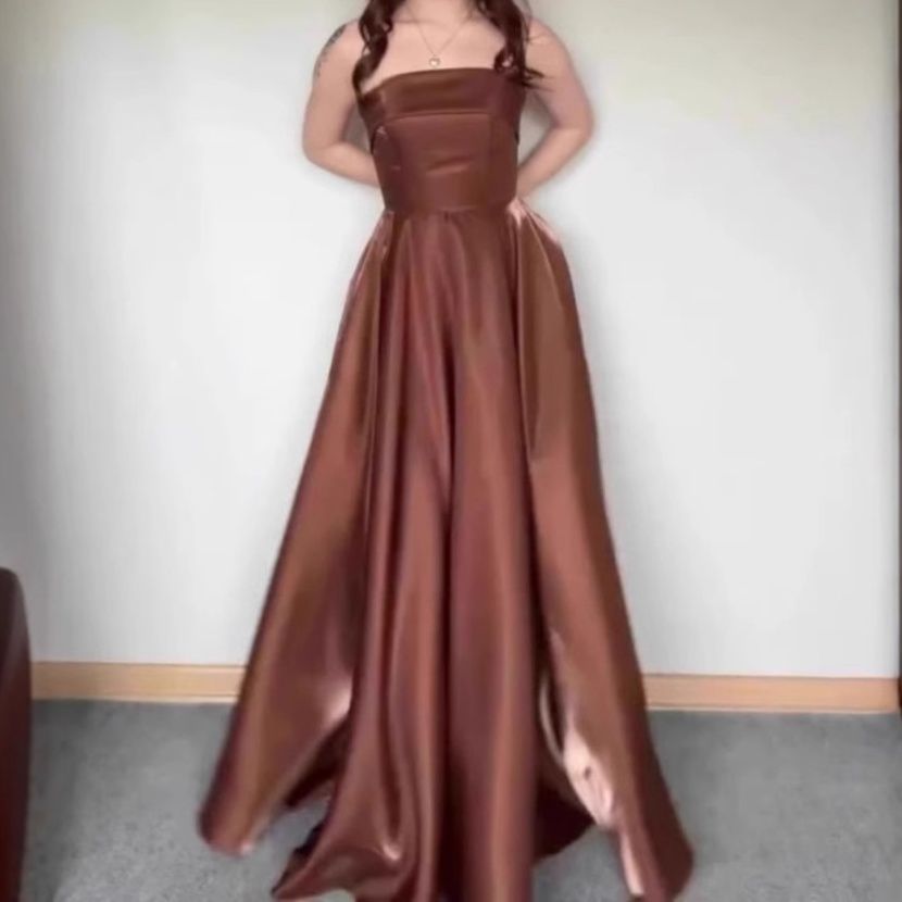 社交ダンス 光沢サテン ベアトップロングドレス