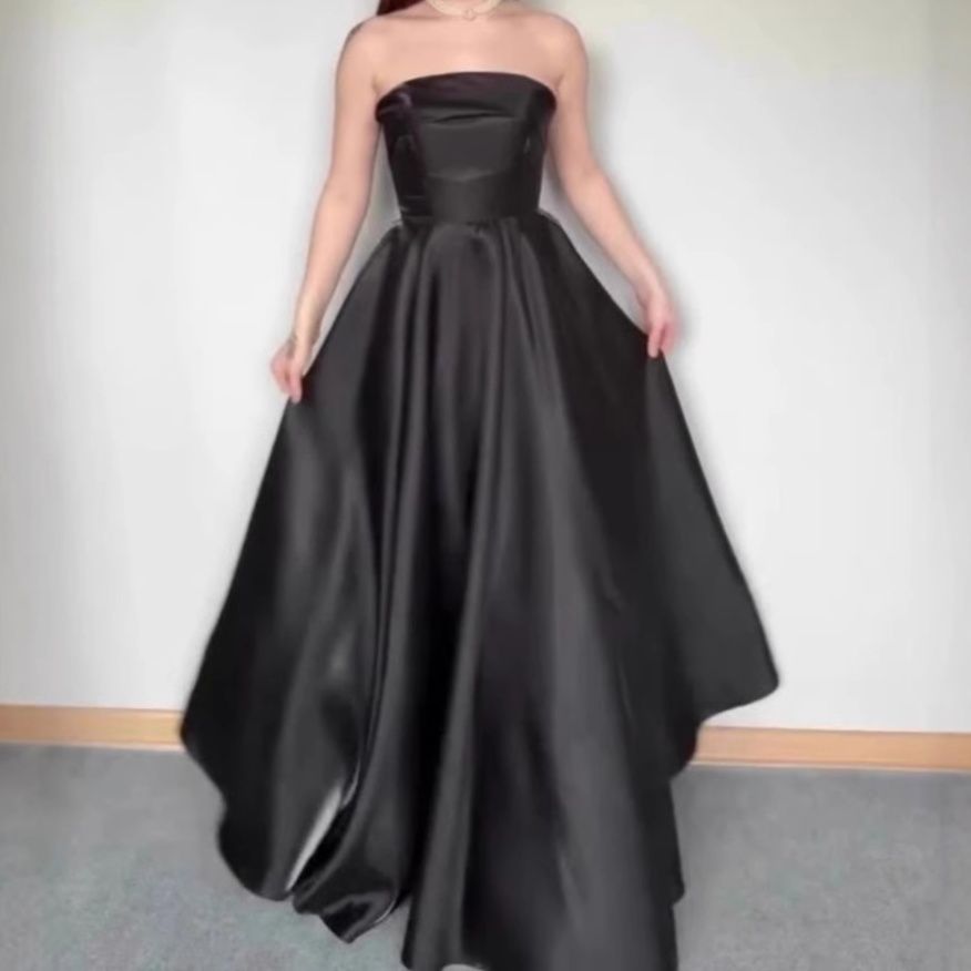 社交ダンス 光沢サテン ベアトップロングドレス