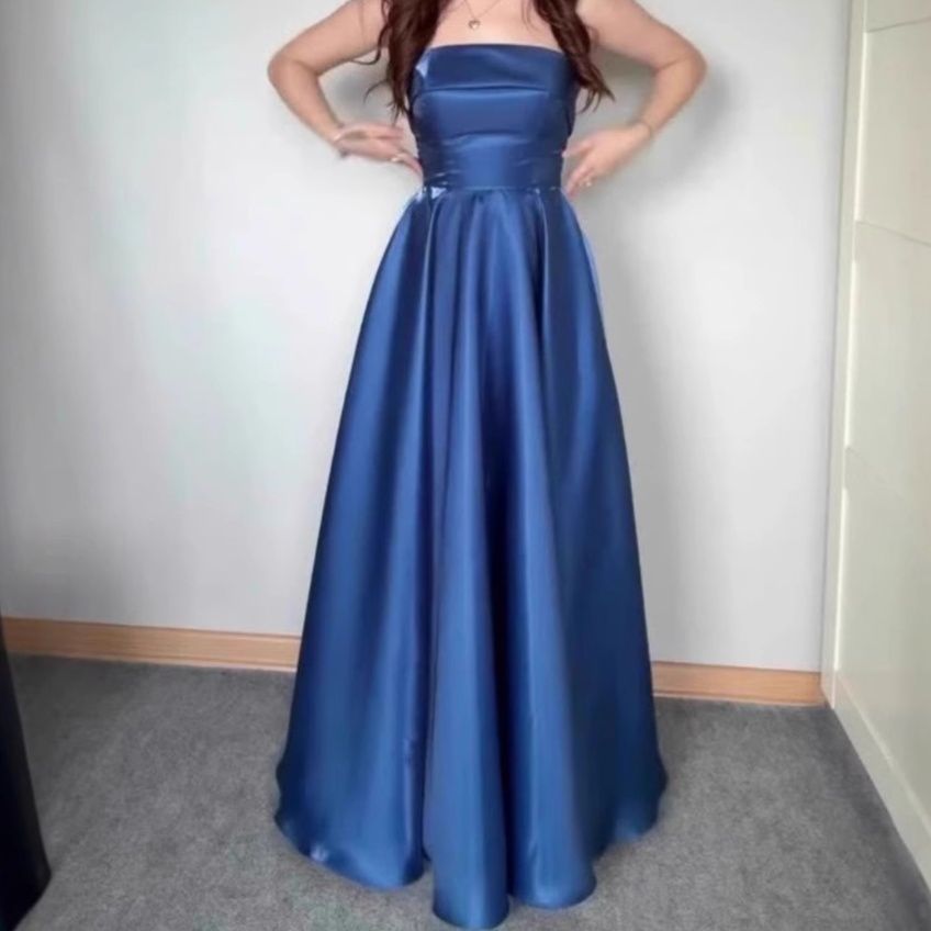 社交ダンス 光沢サテン ベアトップロングドレス