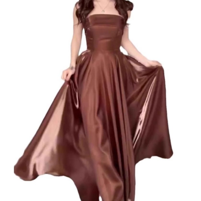 社交ダンス 光沢サテン ベアトップロングドレス