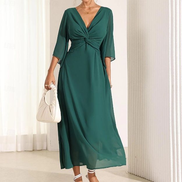 社交ダンス  深Ｖネック袖ひらり流れるロング社交ダンスドレス