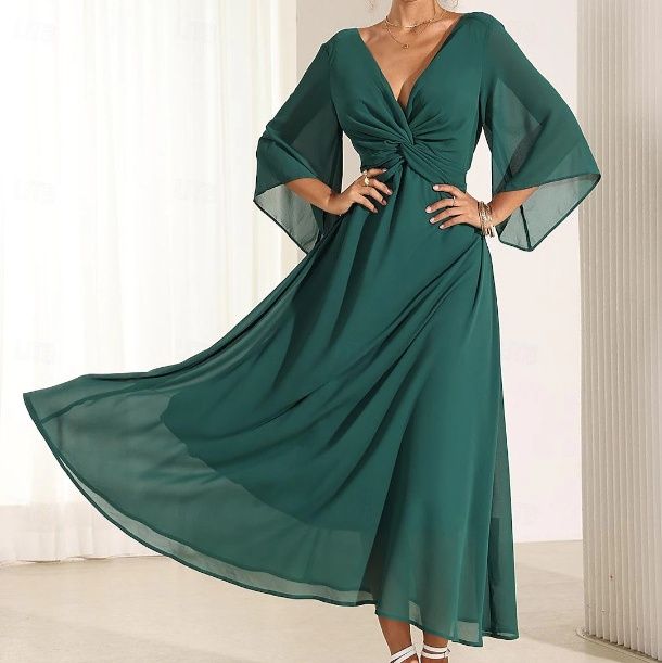 社交ダンス  深Ｖネック袖ひらり流れるロング社交ダンスドレス