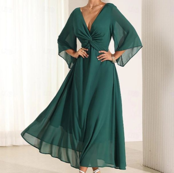 社交ダンス  深Ｖネック袖ひらり流れるロング社交ダンスドレス