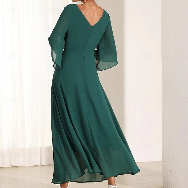 社交ダンス  深Ｖネック袖ひらり流れるロング社交ダンスドレス