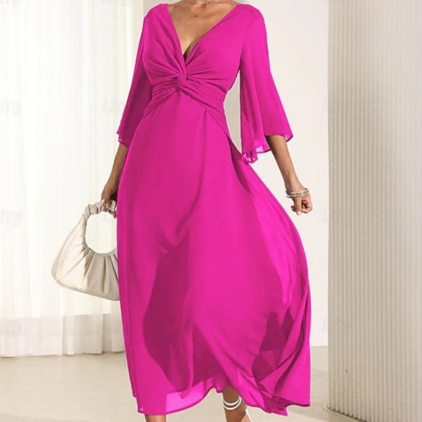 社交ダンス  深Ｖネック袖ひらり流れるロング社交ダンスドレス