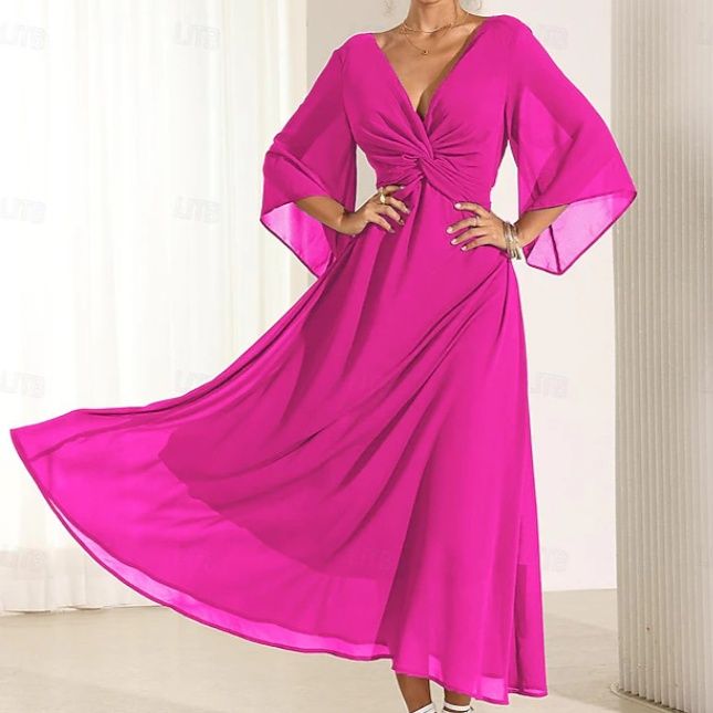 社交ダンス  深Ｖネック袖ひらり流れるロング社交ダンスドレス