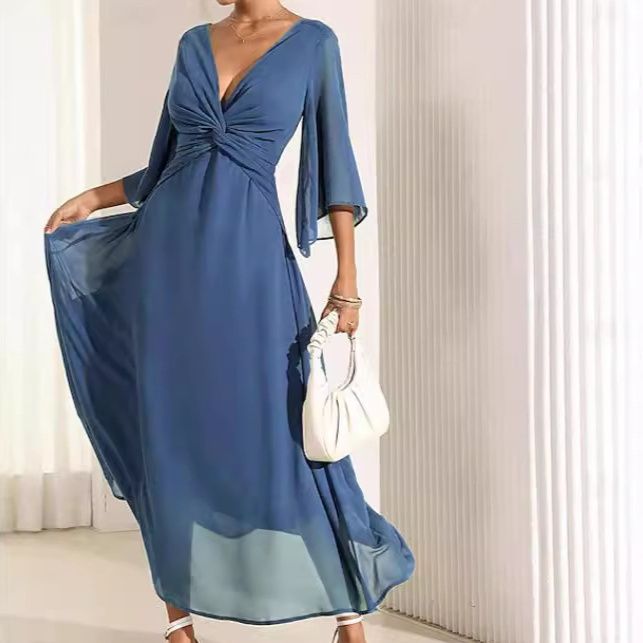 社交ダンス  深Ｖネック袖ひらり流れるロング社交ダンスドレス