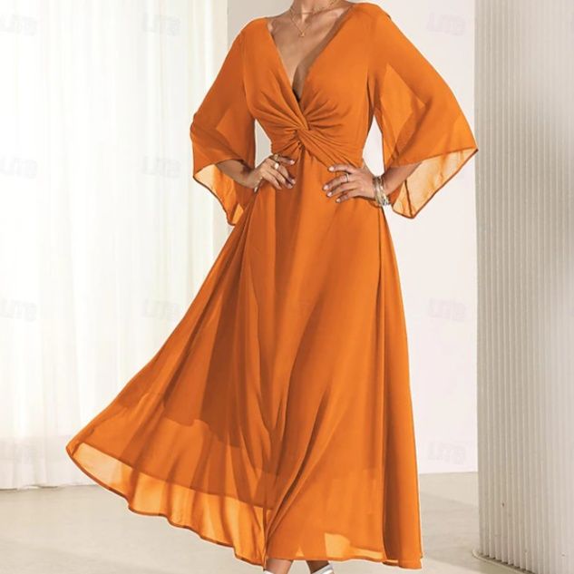 社交ダンス  深Ｖネック袖ひらり流れるロング社交ダンスドレス