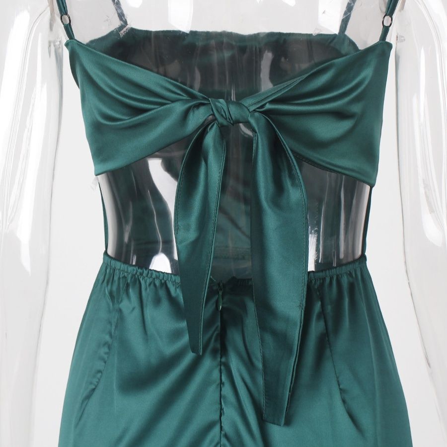  細肩紐サテン風ロング丈サイドスリット社交ダンスドレス