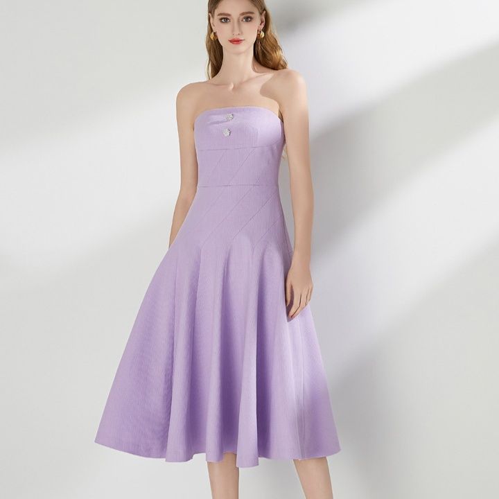  胸元装飾ベアトップミディ丈社交ダンスドレス