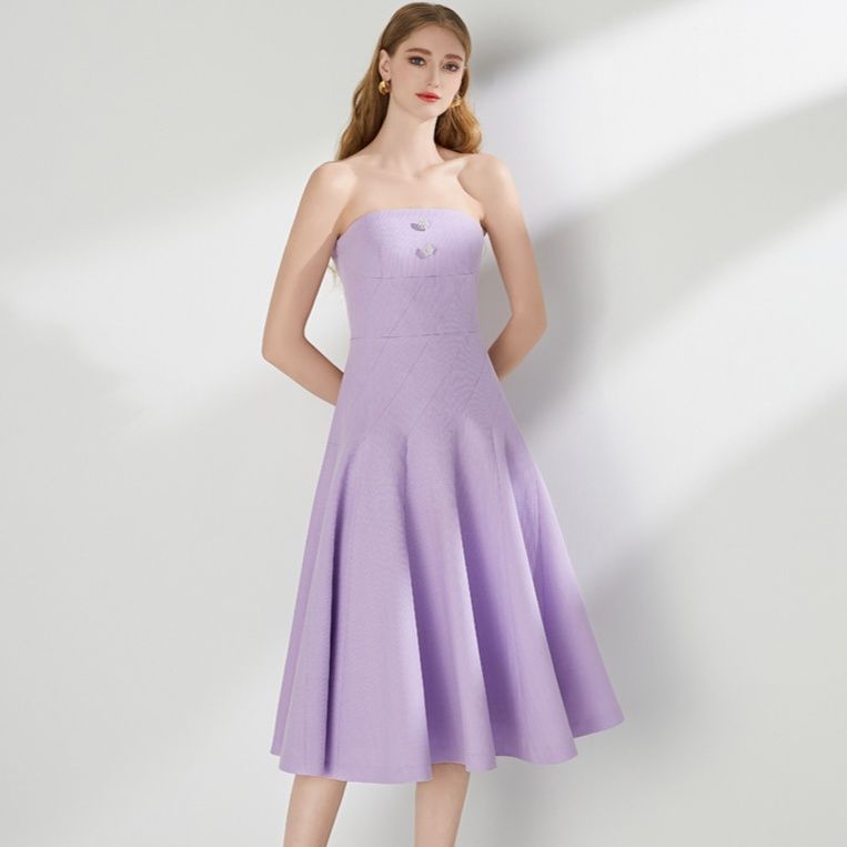  胸元装飾ベアトップミディ丈社交ダンスドレス