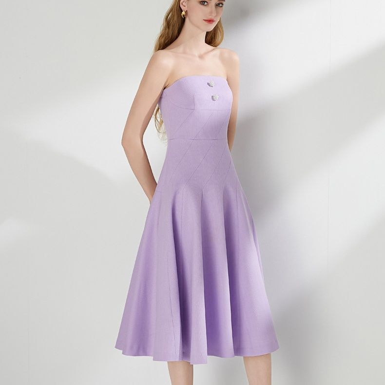  胸元装飾ベアトップミディ丈社交ダンスドレス