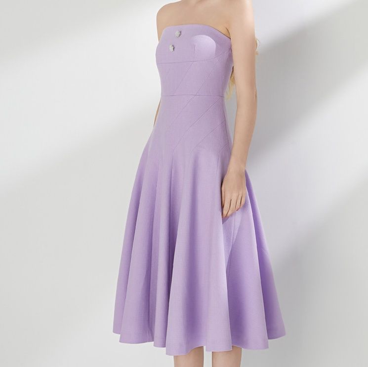  胸元装飾ベアトップミディ丈社交ダンスドレス