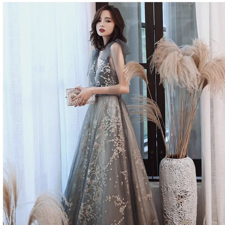 花散らし刺繍入り透け感チュール社交ダンスドレス