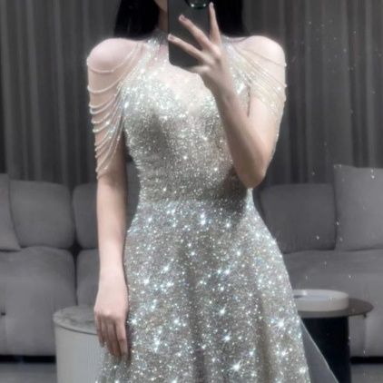 社交ダンス  星空輝くスパンコール装飾袖付きロングドレス