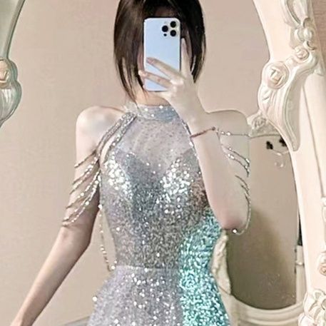 社交ダンス  星空輝くスパンコール装飾袖付きロングドレス