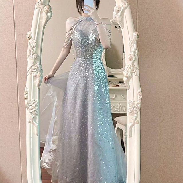 社交ダンス  星空輝くスパンコール装飾袖付きロングドレス