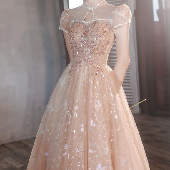 社交ダンス ドレス 透明袖付きスパンコール刺繍ボールガウン