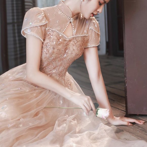社交ダンス ドレス 透明袖付きスパンコール刺繍ボールガウン