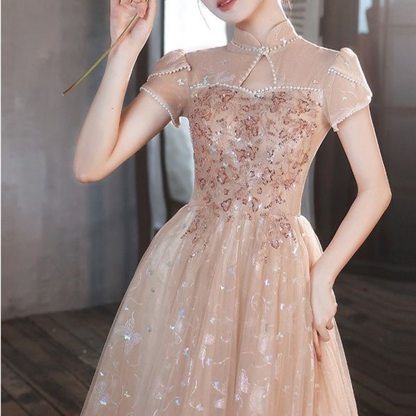 社交ダンス ドレス 透明袖付きスパンコール刺繍ボールガウン