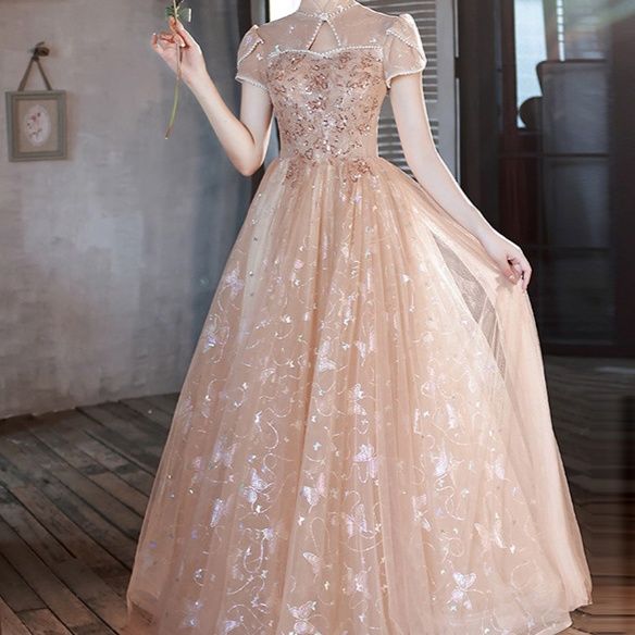 社交ダンス ドレス 透明袖付きスパンコール刺繍ボールガウン