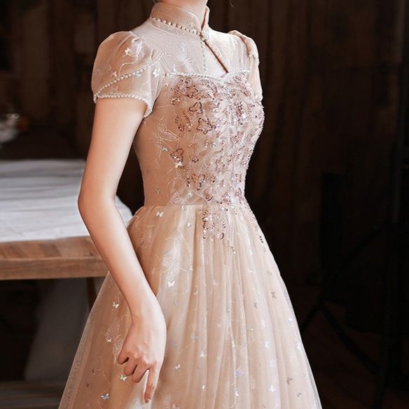 社交ダンス ドレス 透明袖付きスパンコール刺繍ボールガウン