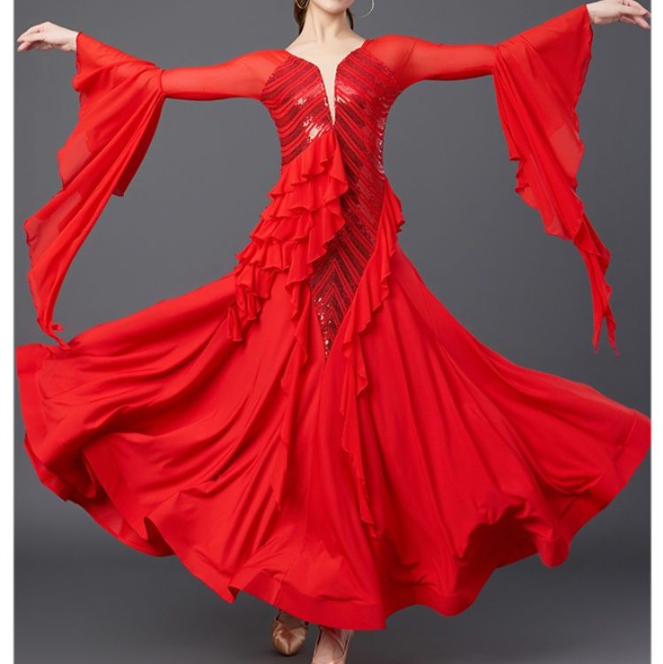 社交 ダンス ドレス 華麗なる波状袖ビジュー装飾ロングドレス
