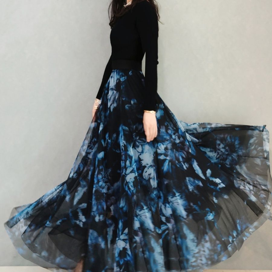 社交 ダンス ドレス 花柄プリント長袖フレアスカート社交ダンスドレス